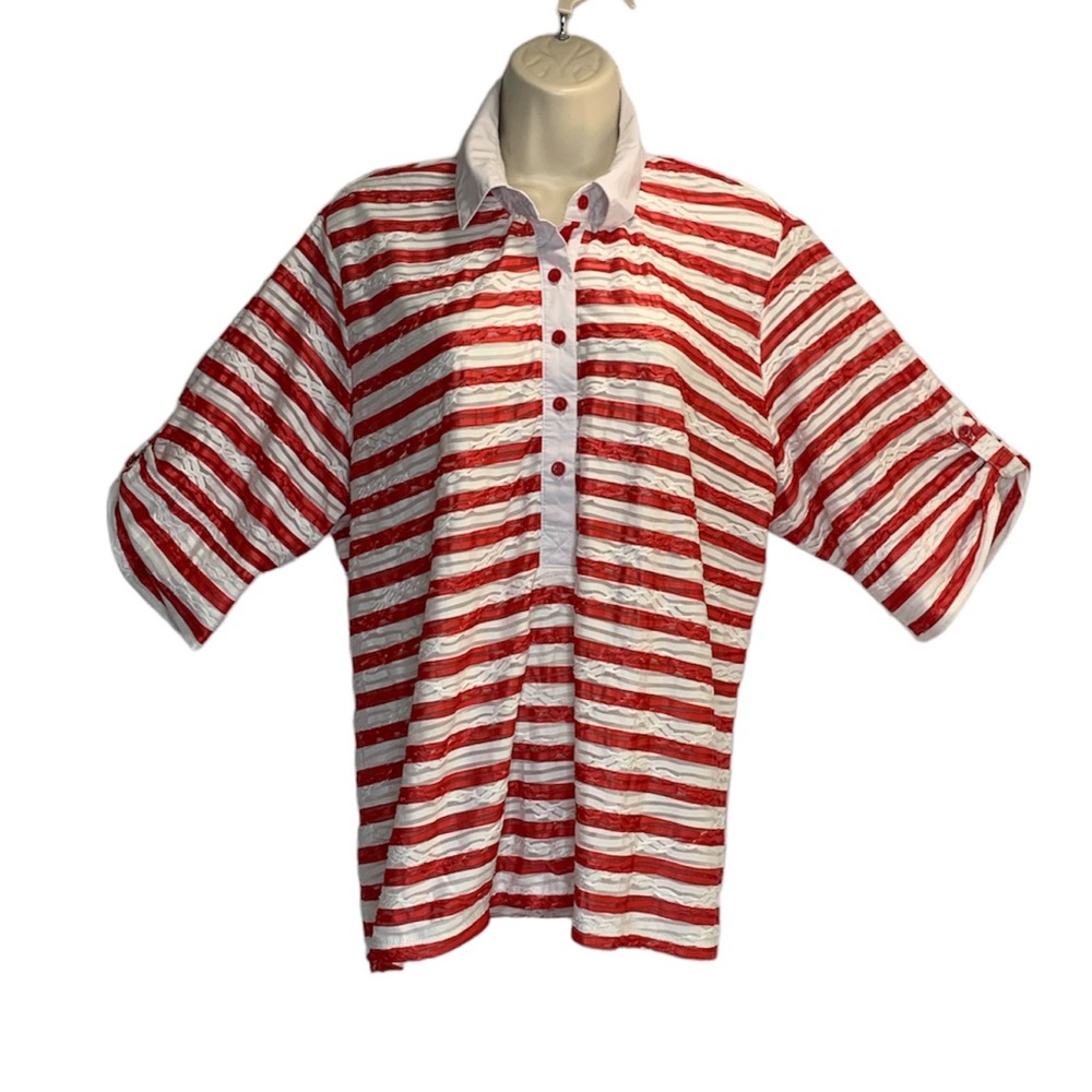 Vintage Cathy Daniels Women's Red Stripe Roll-Tab Blouses Shirts Size XL